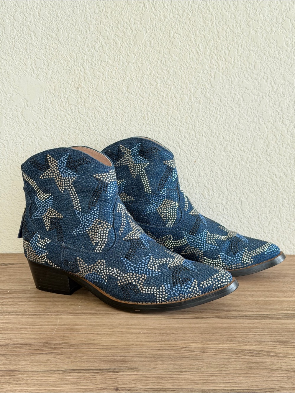 Lola Cruz Blue Star Crystal Embellished Western Ankle Boots Statement Booties 38 - Picture 4 of 14